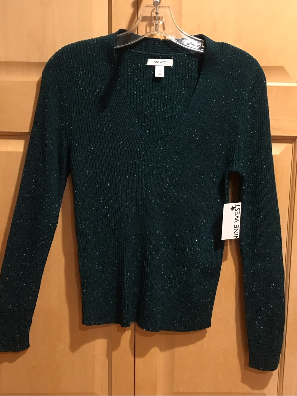 New Nine West Women's Sparkle Ribbed V-Neck Sweater - Teal Green